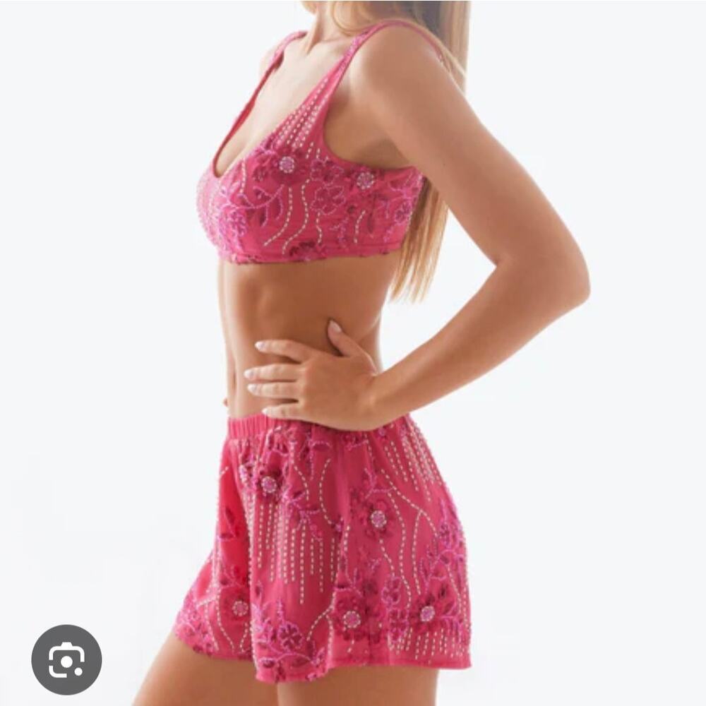 Peppermayo Mercer Sequin Beaded Set Fuchsia Pink Shorts Crop Top 2pc Event Large